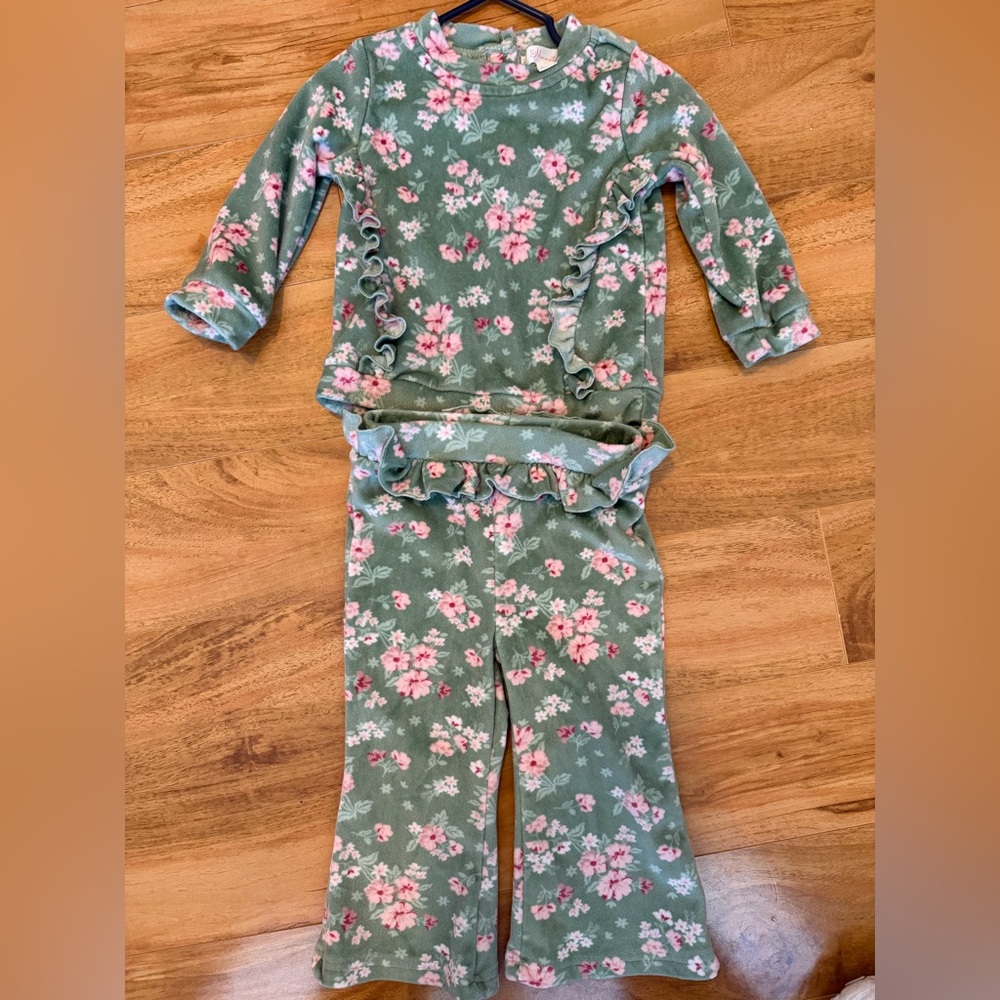 Kids Floral Ruffle Set - Green with Pink Flowers